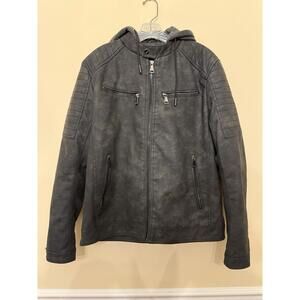Men’s Hooded Faux Leather Motorcycle Jacket Grey L